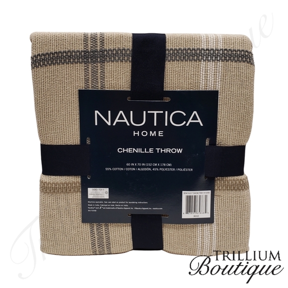 Nautica Chenille Benchley Chenille Throw Blanket Windowpane Plaid Beige Neutral - Picture 3 of 3